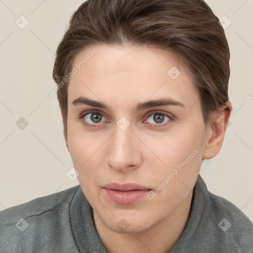 Neutral white young-adult female with short  brown hair and brown eyes