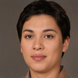 Neutral white young-adult female with short  brown hair and brown eyes
