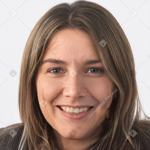 Joyful white young-adult female with long  brown hair and grey eyes