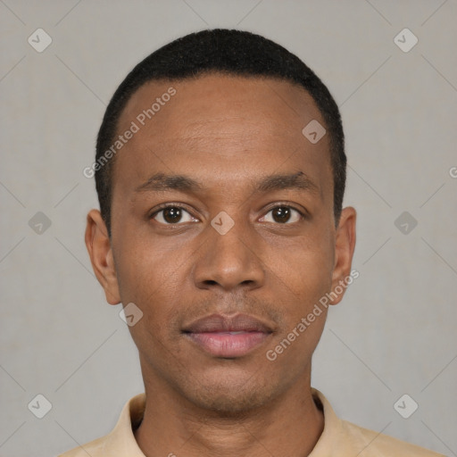 Neutral black young-adult male with short  black hair and brown eyes