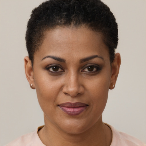 Joyful black young-adult female with short  brown hair and brown eyes