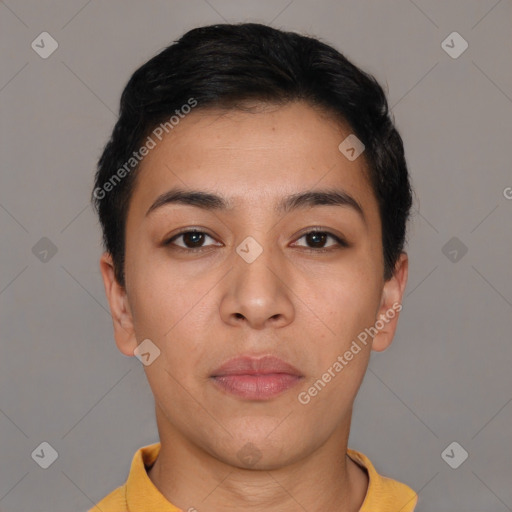 Neutral asian young-adult female with short  black hair and brown eyes