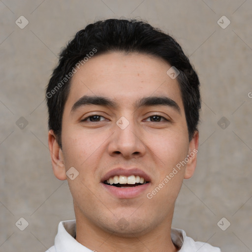 Joyful white young-adult male with short  black hair and brown eyes