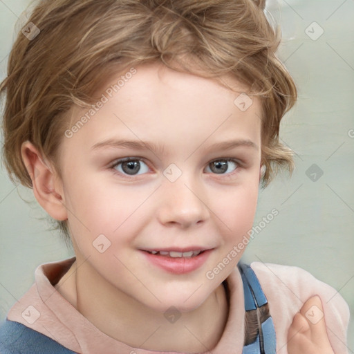 Joyful white child female with short  brown hair and brown eyes