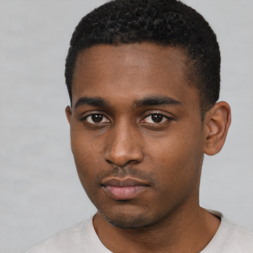 Neutral black young-adult male with short  black hair and brown eyes