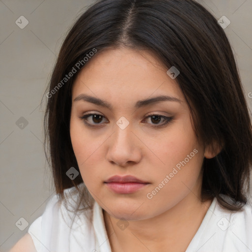 Neutral white young-adult female with medium  brown hair and brown eyes