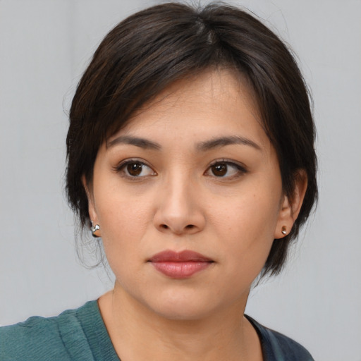 Neutral asian young-adult female with medium  brown hair and brown eyes