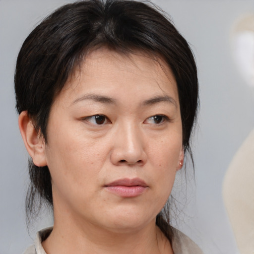 Neutral white young-adult female with medium  brown hair and brown eyes