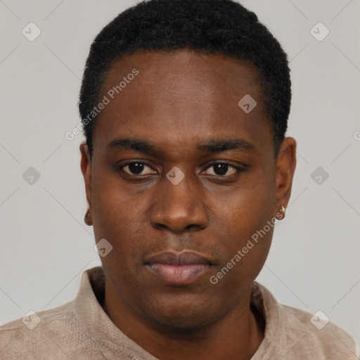 Neutral black young-adult male with short  black hair and brown eyes