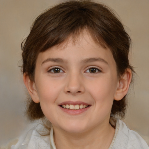 Joyful white child female with medium  brown hair and brown eyes