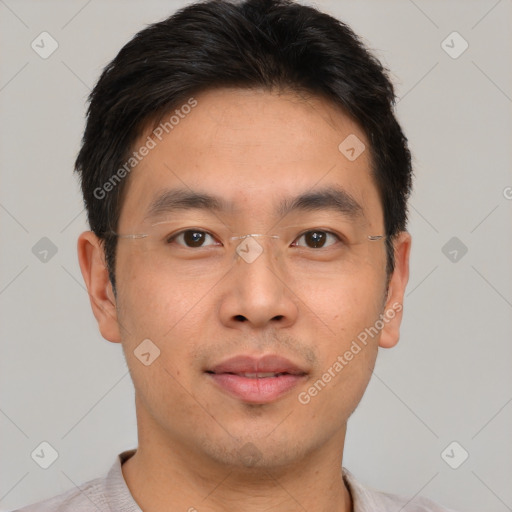 Neutral asian young-adult male with short  brown hair and brown eyes