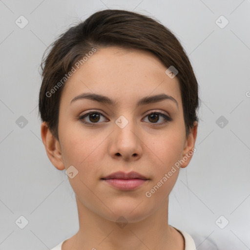 Neutral white young-adult female with short  brown hair and brown eyes