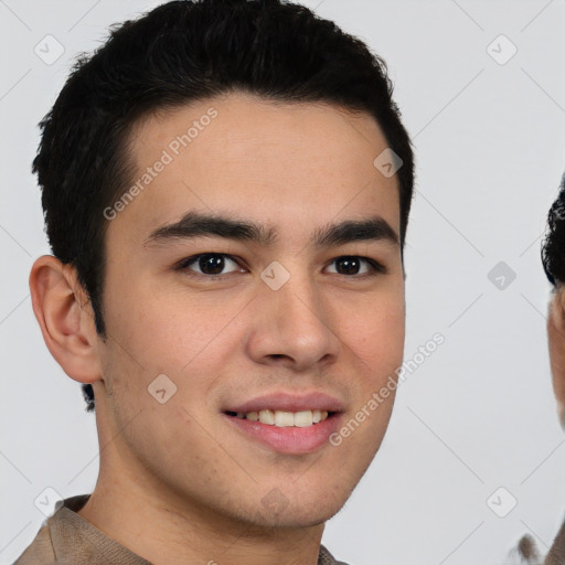 Joyful latino young-adult male with short  brown hair and brown eyes