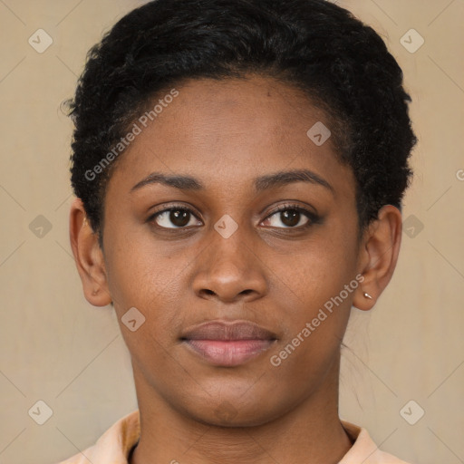 Neutral latino young-adult female with short  brown hair and brown eyes