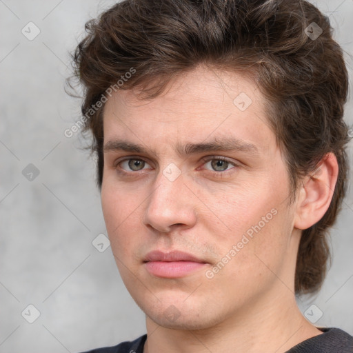 Neutral white adult male with medium  brown hair and grey eyes