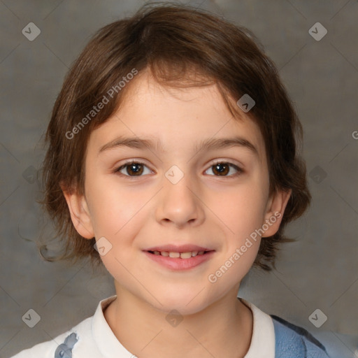 Joyful white child female with medium  brown hair and brown eyes