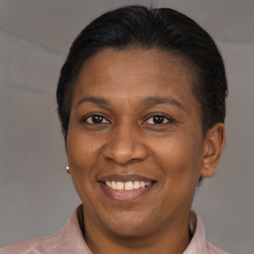 Joyful latino adult female with short  brown hair and brown eyes