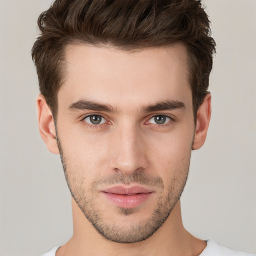 Neutral white young-adult male with short  brown hair and brown eyes