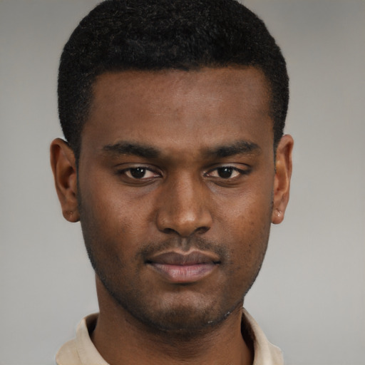 Neutral black young-adult male with short  black hair and brown eyes