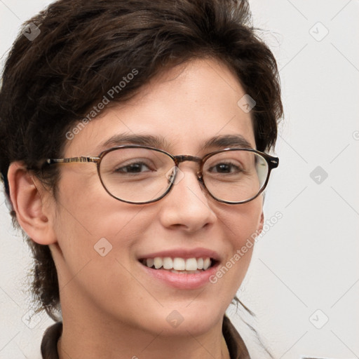 Joyful white young-adult female with medium  brown hair and brown eyes