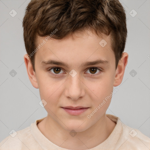 Joyful white child male with short  brown hair and brown eyes