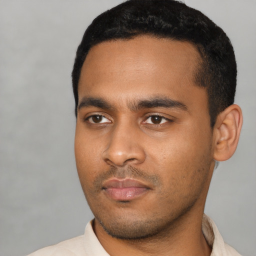 Neutral latino young-adult male with short  black hair and brown eyes