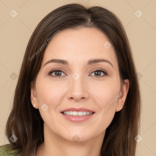 Joyful white young-adult female with long  brown hair and brown eyes