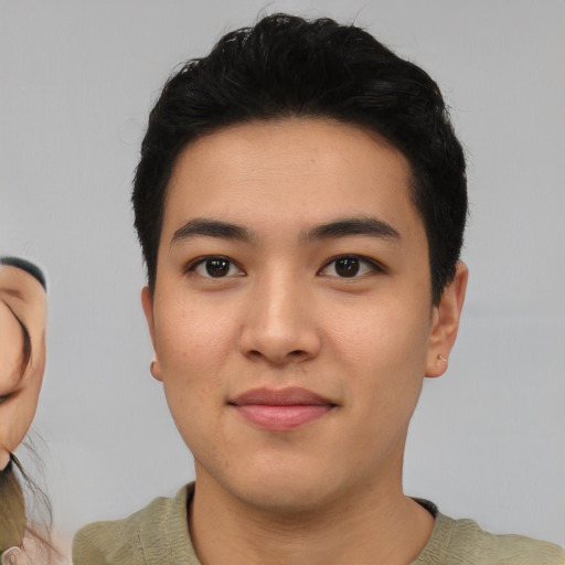 Neutral asian young-adult male with short  black hair and brown eyes