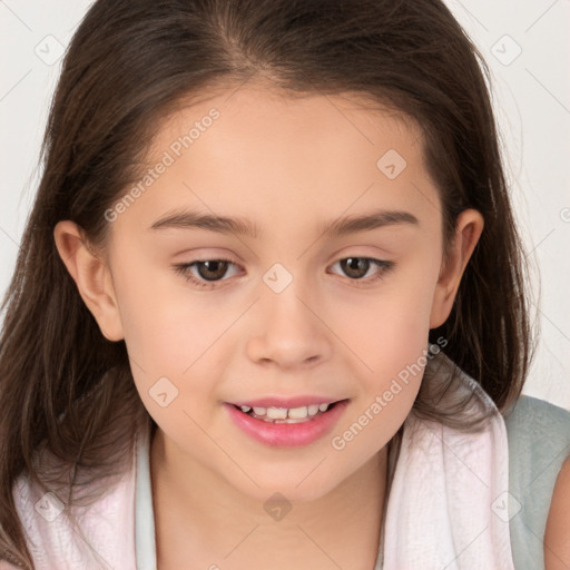 Joyful white child female with long  brown hair and brown eyes