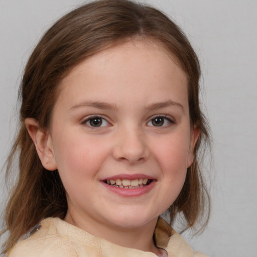 Joyful white child female with medium  brown hair and blue eyes