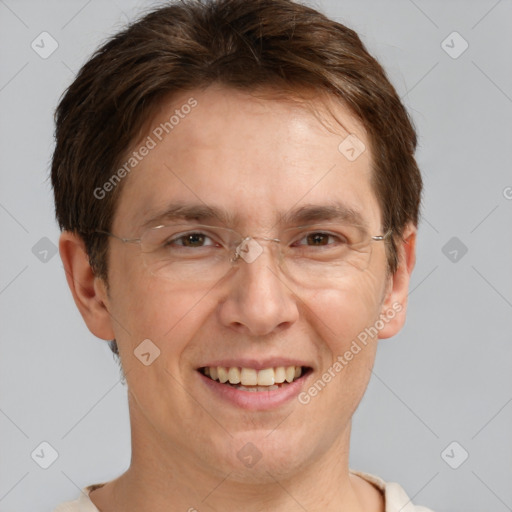 Joyful white adult male with short  brown hair and grey eyes