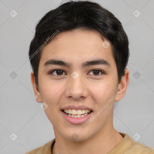 Joyful latino young-adult male with short  brown hair and brown eyes