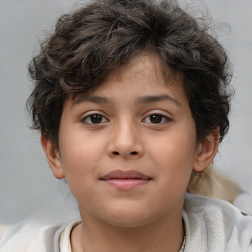 Joyful white child female with short  brown hair and brown eyes