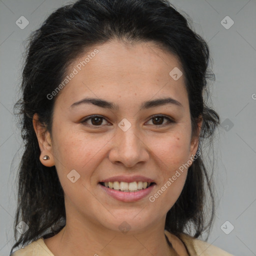 Joyful latino young-adult female with medium  brown hair and brown eyes