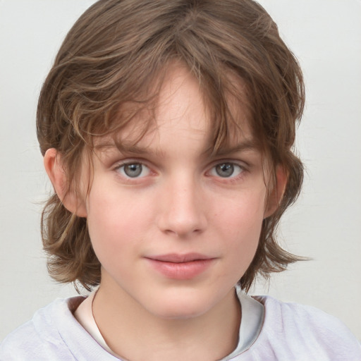 Neutral white child female with medium  brown hair and blue eyes