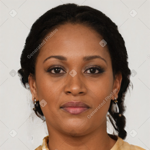 Joyful black adult female with medium  brown hair and brown eyes