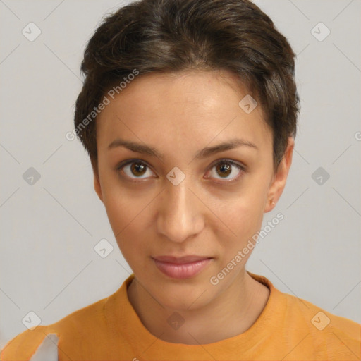 Joyful white young-adult female with short  brown hair and brown eyes