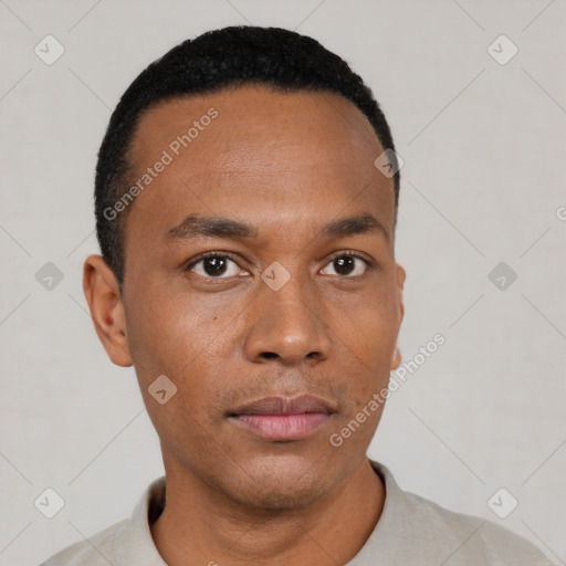 Neutral black young-adult male with short  black hair and brown eyes