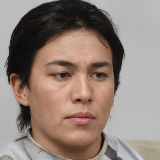 Neutral asian young-adult female with short  brown hair and brown eyes