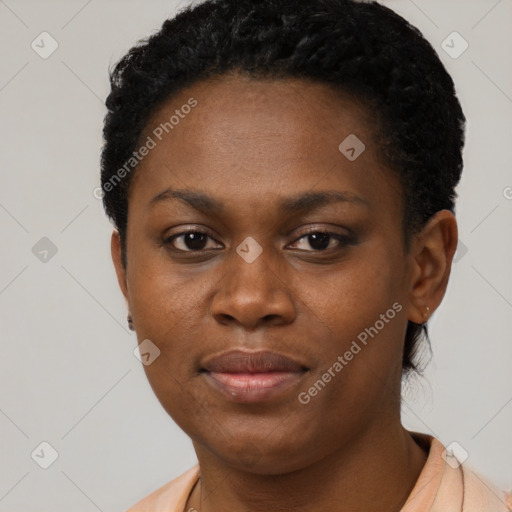 Neutral black young-adult female with short  black hair and brown eyes