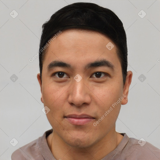 Neutral asian young-adult male with short  black hair and brown eyes