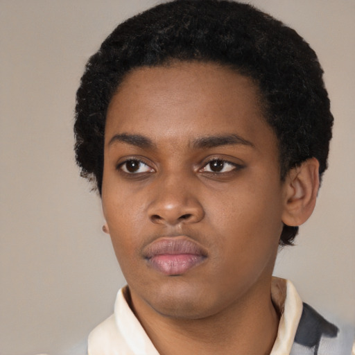 Neutral black young-adult female with short  black hair and brown eyes
