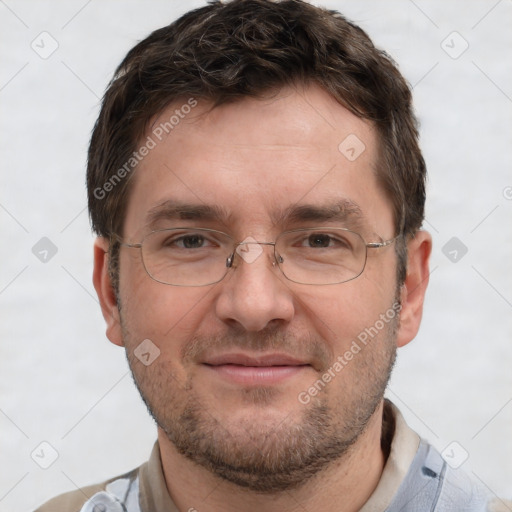 Joyful white adult male with short  brown hair and grey eyes