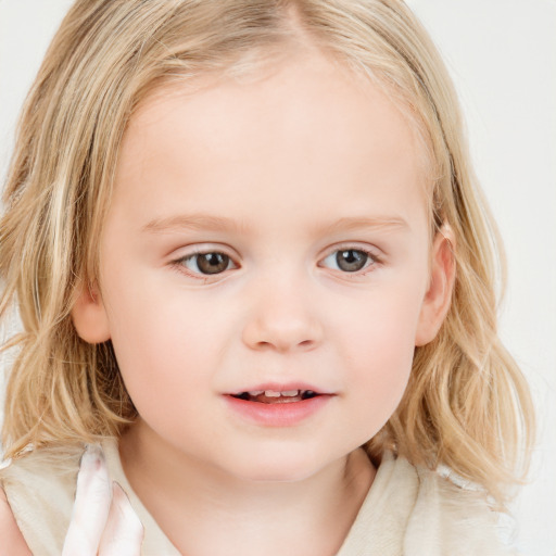 Neutral white child female with medium  brown hair and blue eyes