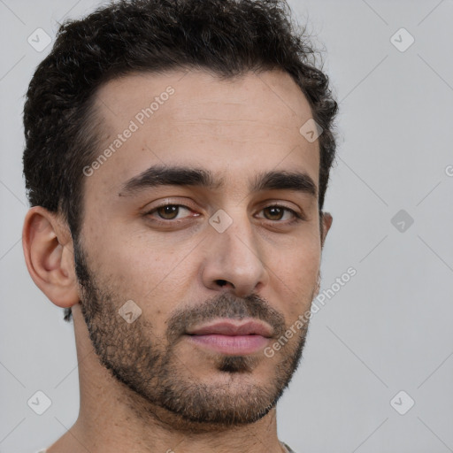 Neutral white young-adult male with short  brown hair and brown eyes