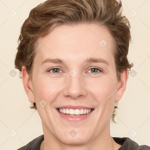 Joyful white adult female with short  brown hair and grey eyes