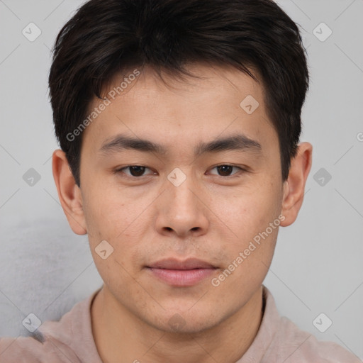 Neutral asian young-adult male with short  brown hair and brown eyes