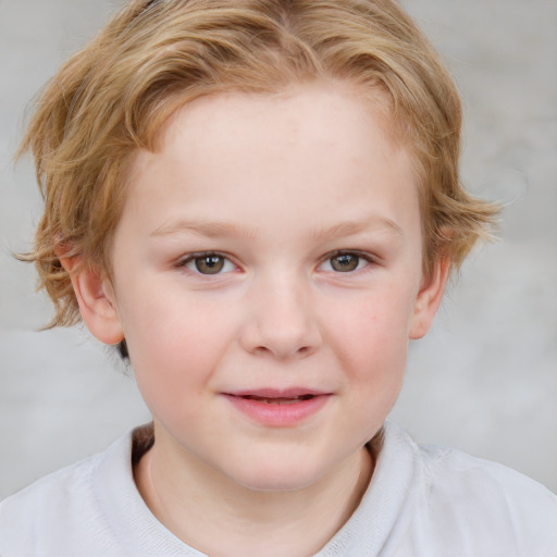 Joyful white child female with short  brown hair and blue eyes