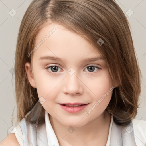 Joyful white child female with medium  brown hair and brown eyes