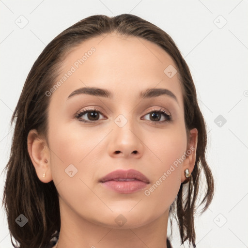 Neutral white young-adult female with medium  brown hair and brown eyes